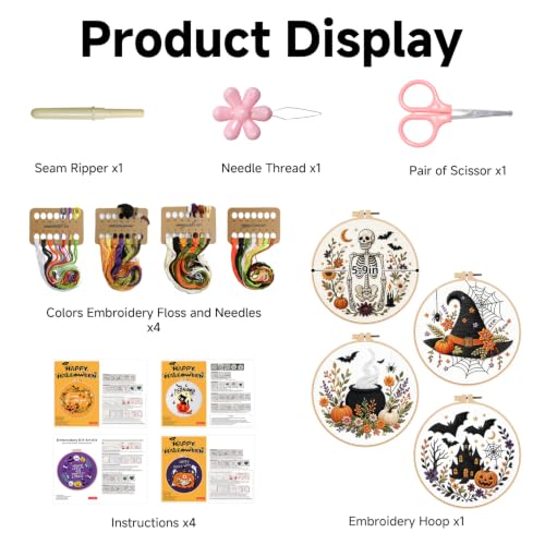 Halloween Embroidery Kit, Skeleton Cross Stitch Kits, 4 Set Craft Kits for Beginners with Pre-Printed Embroidery Fabric, Hoops, Step-by-Step Instructions, Color Threads & Needles (Halloween-4 Set) - color: Halloween-4 Set