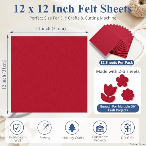 12" x 12" Felt Sheets for Crafts, 2mm Stiff Felt Fabric (12 Pcs), Red - color: Red