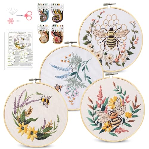 Santune 4 Pack Embroidery Kit for Beginners,Needlepoint Cross Stitch Kits for Adults,Needle Point Sets with Bee Flower Pattern Stitch Video Tutorial - color: Bee & Flower Patterns
