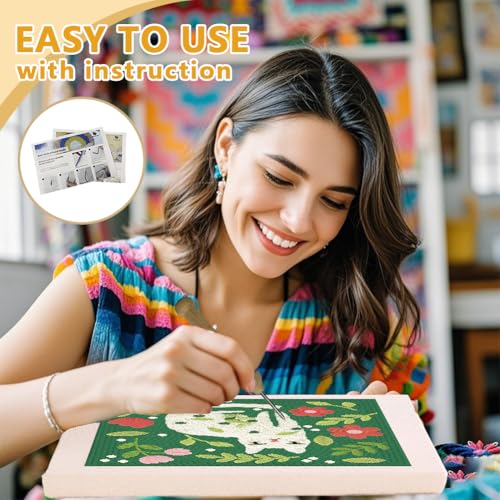 Doodlream Cat Leaf DIY Punch Needle Embroidery Kit for Adult Beginner, 9.4" White Cat Punch Stitching Craft Set for Starter with Frame, Fabric Pattern, Threader, Yarn, Pinch Needle - color: Cat Leaf