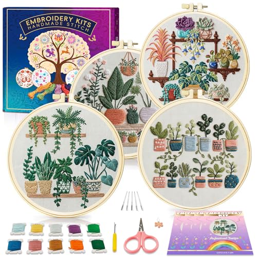 Huacan Embroidery Kit for Adults Beginners with 4 Hoops & Gift Box - color: Potted Plants 2