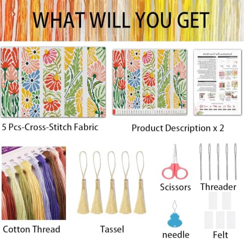 5 Pack 70s Retro Floral Cross Stitch Bookmark Kits for Adult Beginners - color: Mid-Century Modern Flower Bookmark