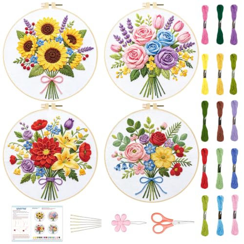 BEUNITONE 4pcs Embroidery Kit, Flower Stamped Embroidery Kits with Hoop, Thread & Needles, Colorful Bouquet Cross Stitch Kits Sewing Gifts for Adults and Beginners, DIY Craft for Relaxation - style: B-Bouquet