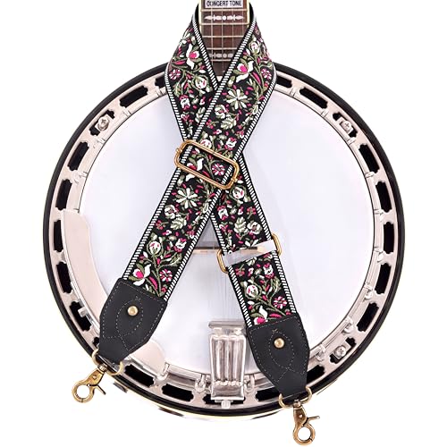 Nefelibata Banjo Strap,2"Wide Double Crazy Horse Leather Jacquard Embroidery Strap Adjustable Replacement,Multi-pattern Strap With Metal Clips - color: A#-leather White Flower Embroidery