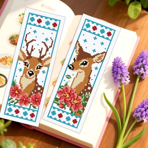 ORIGACH 6 Set Deer & Flower Cross Stitch Bookmark Kit for Beginner - style: Deer & Flower
