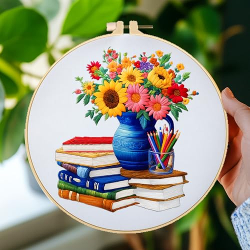 BEUNITONE 4 Set Book Flower Embroidery Kit for Adult Beginners 7.9x7.9 DIY Cross Stitch Kits Needlepoint Starter Kit with Pre-Printed Design and Hoops, Stamped Embroidery Kit for Home Ofiice Decor - style: B-Book Flowers