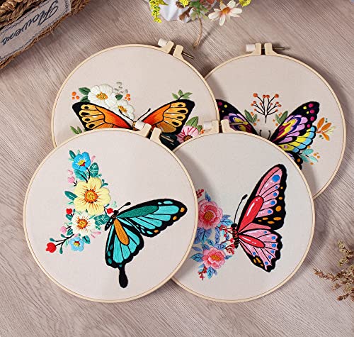 Konrisa Embroidery Kits with Butterfly Flower Pattern, Stamped Embroidery Starter Kit for Beginners Adults Needlepoint Kits Include Embroidery Fabric Embroidery Hoop Threads and Needles,Set of 2 - color: Butterfly02