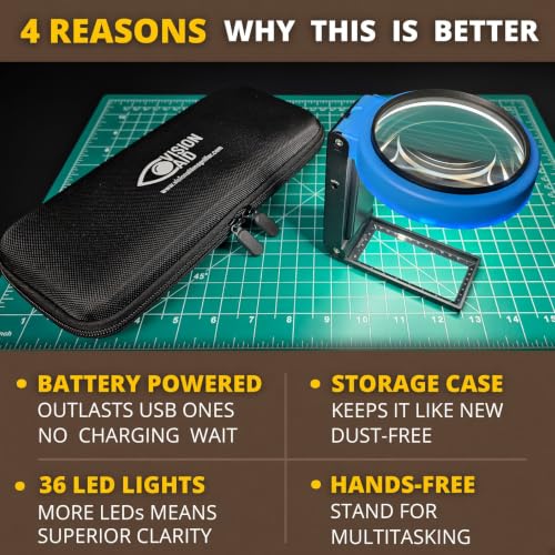 30x 10x VisionAid Hands-Free Magnifying Glass with Stand, Bright LED Light, Sturdy Storage Case - Handheld Magnifier for Reading - size: Battery Powered - 36 Ultra Bright LED with Case