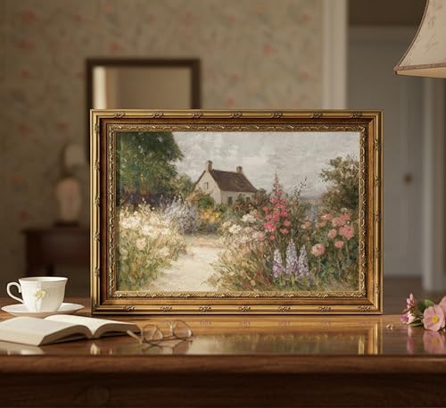 Gold Framed Farmhouse Cottage Canvas Wall Art Vintage French Country House Floral Landscape Paintings Pictures Wall Decor Posters Prints Artwork for Bedroom Office Gallery Home Decoration - color: Cottage, size: 16"L x 12"W