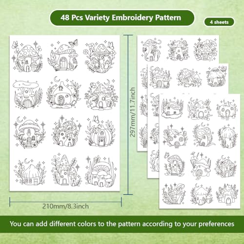 BENECREAT 4Sheets 48Pcs Mushroom Hut Water Soluble Embroidery, 11.7x8.3inch Stick and Stitch Embroidery Paper Stabilizer Water Soluble Hand Sewing for Shirts, Coats, Bags - color: Mushroom Hut