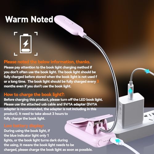 VAVOFO Rechargeable Book Light, Blue Light Blocking, Amber 1600K Clip On Reading Light, Eye Care 7 LEDs Kids Book Light for Reading in Bed with Power Indicator for Bookworms (Pink Purple) - size: 1-Pack Pink Purple