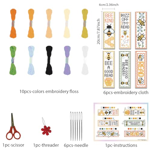 FREEBLOSS 6 Set Cross Stitch Bookmark Kits Insect Pattern Bookmark Cross Stitch Kits with Instructions Punch Needle Embroidery Kit for Beginners, Handmade Bookmarks for Book Lover Reading Day Gift