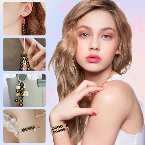 Looconi 1400pcs 4x7mm Black Letter Beads Round Acrylic with Gold Alphabet A-Z Heart Pattern Beads and Crystal Line for Jewelry Making (Black&Gold) - color: Black&Gold, size: 7x4mm