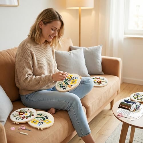 PALUJEF Floral Embroidery Kits for Beginners, Cross Stitch Kits for Adults, Easy Needlepoint Kits with Fun Floral Patterns, DIY Needlepoint Embroidery Starter Kit with Instructions, Mother’s Day Gift