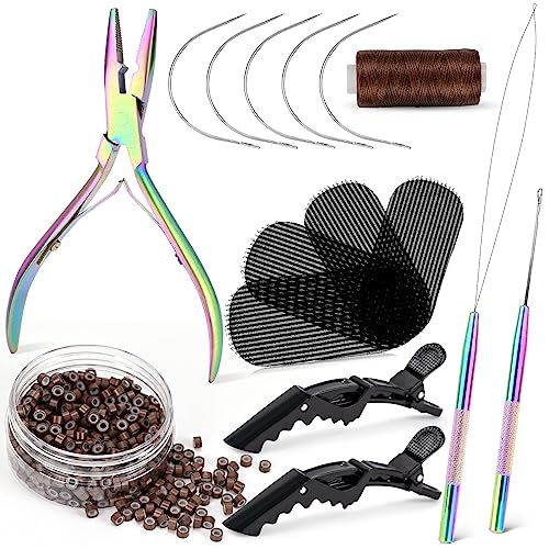 NEWISHTOOL Sew In Extension Kit, Hair Feathers Silicone Micro Beads Pliers - color: Rainbow Set