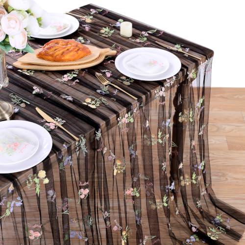 Black Gauze Table Runner with Floral 10ft Embroidery Tulle Spring Fall - color: Black, size: 60"x120",1pc