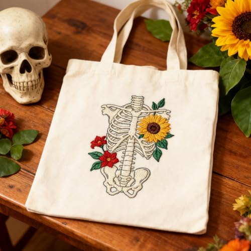 ORIGACH 4 Sheets Water Soluble Embroidery Patterns Stabilizers - Pre-Printed Skeleton, Skull, Organs & Floral Designs - Stick & Stitch Embroidery Paper for Hand Sewing Lovers - color: Skeleton Skull Organs & Floral