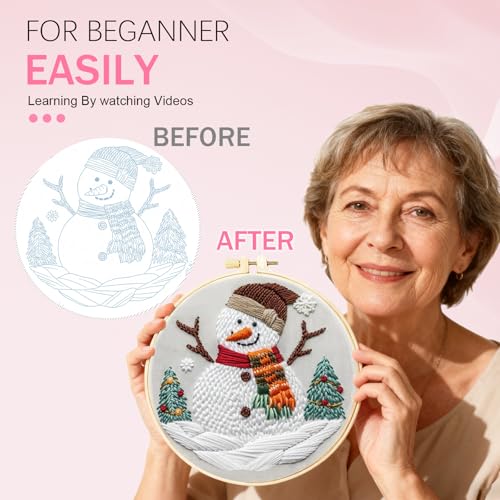 Huacan Embroidery Kit for Beginners Adults, Easy Needlepoint Kits for Adults with Stamped Embroidery Patterns. (Snowman) - style: Snowman