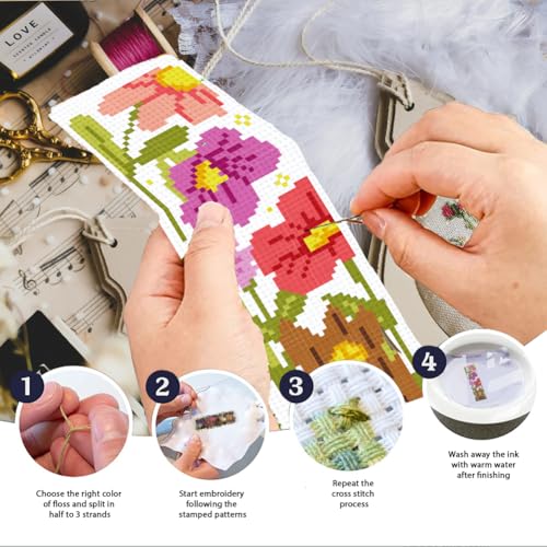 INFUNLY 6pcs Flowers Cross Stitch Bookmark Kits for Adults Mushroom Houses DIY Cross Stitch Kit with Instructions Pre-Printed Birds Tree Stake Stamped Embroidery Bookmark Kit for Book Readers Gift - style: Flower Mushrooms
