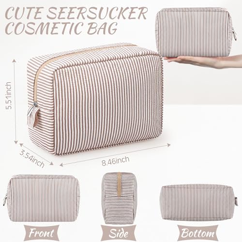 Sanwuta 3 Pcs Seersucker Makeup Bags, Khaki - color: Khaki