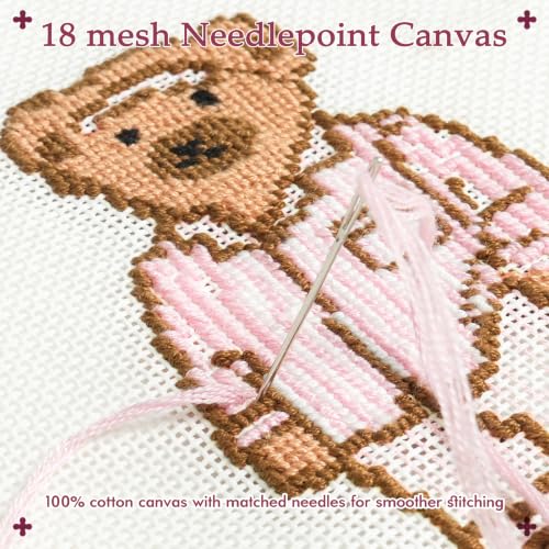 Kaitiaki 18 mesh Needlepoint Canvas Kit, 8 in Painted Canvas Set with Embroidery Floss, Needles, Guide Card, Instruction, Threader, Scissors & Project Bag for Crafter Gift(Pajama Bear) - color: Pajama Bear, size: 18 mesh