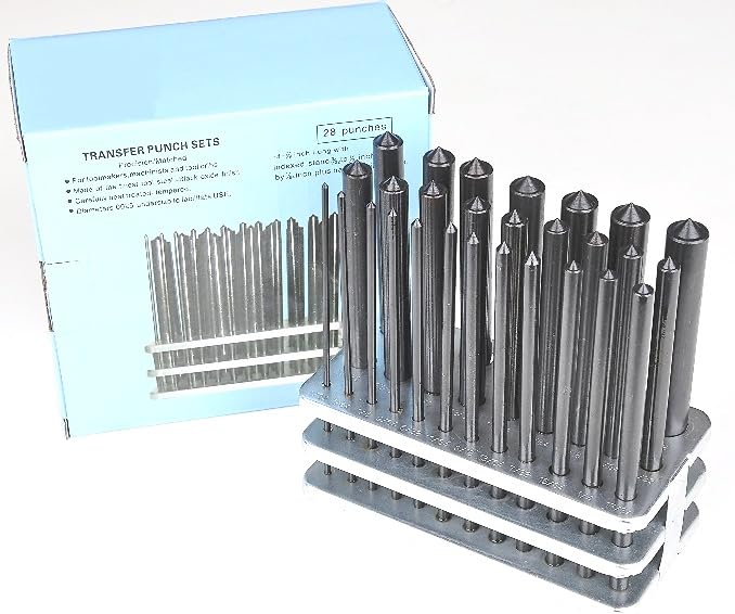 HHIP 8600-0041 28-Piece Transfer Punch Set – 3/32" to 1/2" by 64ths + 17/32", Precision Undersize .0025", Hardened Tool Steel, 4-7/8" Long, Black Oxide, Indexed Stand for Accurate Hole Transfer - size: 3/32-1/2", style: 28 Piece Inch Set