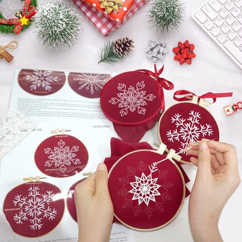 6 Sets Christmas Embroidery kit for Beginners Adults, Antique Red Christmas Ornament Kit Snowflakes Needlepoint Cross Stitch Kits with Patterns, Stitch Learning Kit with Needles Ropes Ribbon-Red - color: Red