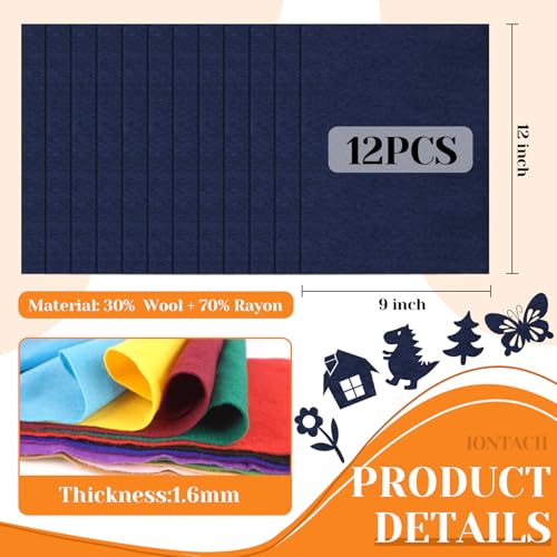IONTACH 9" X 12" Felt Fabric Sheets 1.6mm Thick (12 Packs, Navy Blue) - color: Navy Blue