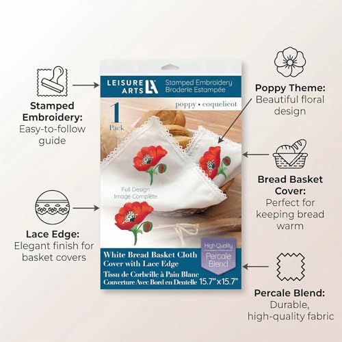 Leisure Arts Stamped Bread Basket Cloth Cover with Lace Edge - White Poppy Embroidery Kit with Printed Fabric, 15.7 x 15.7 in, DIY Needlework Kit for Adults and Beginners - color: Poppy