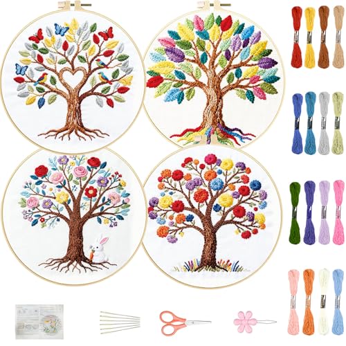 FREEBLOSS 4 Set Embroidery Kit Tree of Life Stamped Embroidery Starter Kit with Step by Step Instructions, Colored Threads, 2 Hoops, Needlepoint Kits for Hand Craft Lovers Gift, 30cm/11.8inch - style: Life Tree