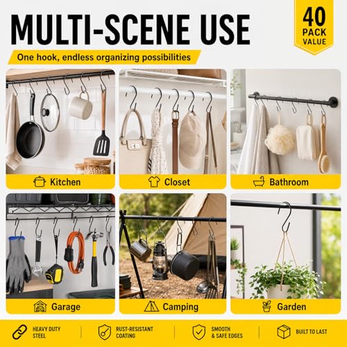 40PCS 1.7 Inch Black S Hooks Mini Small S Hooks for Hanging - size: 1.7 Inch