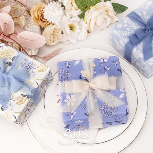 Ribbli Blue Ribbon 1 Inch x 3 Rolls Total 24 Yards Cream/Blue/Dusty Blue Handmade Fringe Chiffon Silk Ribbon for Wrapping Wedding Invitations Bridal Bouquets DIY Crafts Home Decor - color: Cream/Blue/Dusty Blue