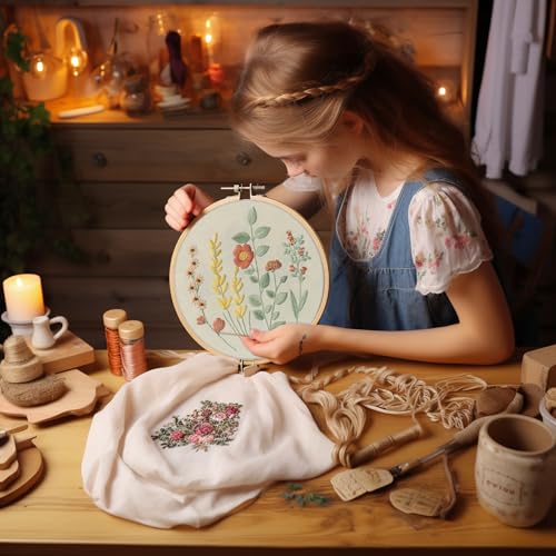 Bonroy 4 Sets Embroidery Kit for Beginners,Embroidery Kit for Art Craft Handy Sewing Include Embroidery Clothes with Pattern,Embroidery Hoops, Instructions,Color Threads Needle Kit (Multi 5) - color: Multi 5