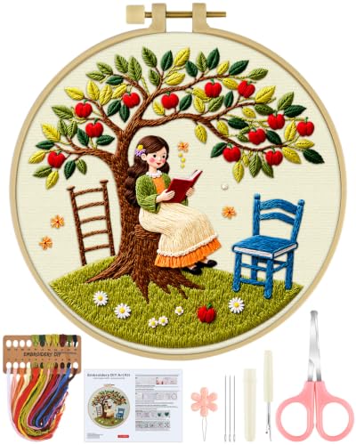 ERKOON Embroidery Kit for Beginners Adult, Cross Stitch Set Include Embroidery Cloth Hoop Threads for Craft Lover Hand Stitch with Embroidery Skill Techniques (Apple Tree) - color: Apple Tree