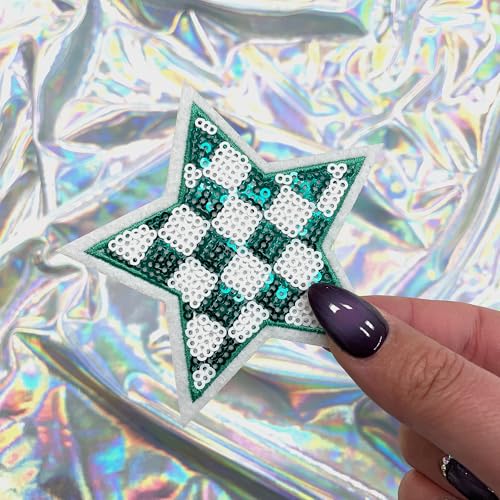 Green Checkered Sequin Star Patch, 3.75" x 3.75”, 2-Pack, Embroidered Iron-On for Hats, Bags, Jackets - color: Checkered Sequin Star - Green