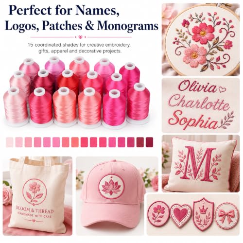 Simthread 15-Color Polyester Machine Embroidery Thread Set, Pink Series - color: 15pink colors