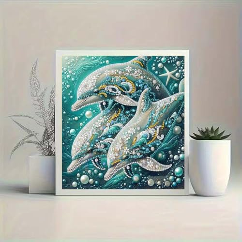 Dolphin Animal Diamond Art Kits for Adults Beginner,5D Diamond Painting Kits for Dolphin Family,DIY Special Shape Gem Painting Crystal Rhinestones Crafts Art Kits,Home Wall Decor 11.8 X 11.8Inch - color: XJ109
