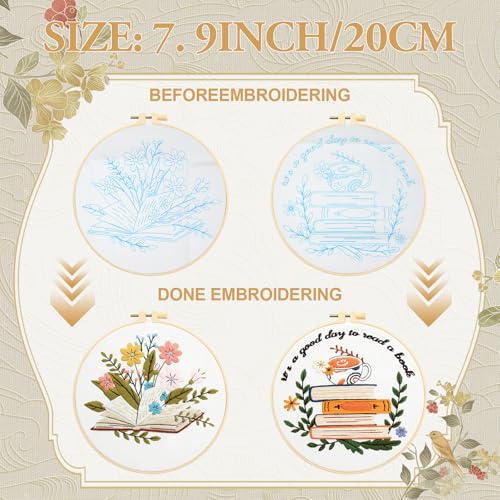 ElasignShopo 4 Set Embroidery Kit for Beginners Adults Book Lovers Embroidery Starter Kit Books Flowers Pattern Hand Crewel Cross Stitch Kits Includes Instruction 2 Hoops Color Threads Needles - color: Book