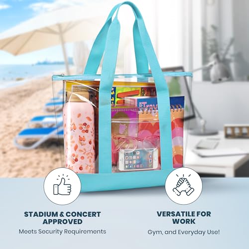 Handy Laundry Clear Tote Bag - Zipper Closure, Long Shoulder Strap, Fabric Trimming. - color: Teal