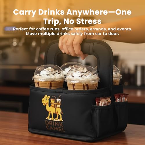 Drink Carrier with Handle – Durable No-Spill Insulated (4 Cup, Black) - color: Jet-Black, size: 4 cup