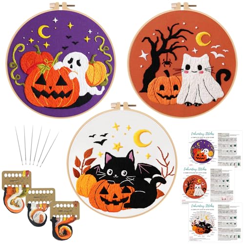 Nuberlic 3 Pack Halloween Embroidery Kit for Beginner Adults - color: Halloween