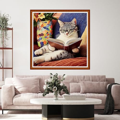 Funart Stamped Cross Stitch Kits for Beginners Full Range of Cross Stitching Preprinted Embroidery Kits for Adults, 11CT Embroidery Pattern Needlepoint Kits-Cat Reading 18x18 inch - color: ColorArt63