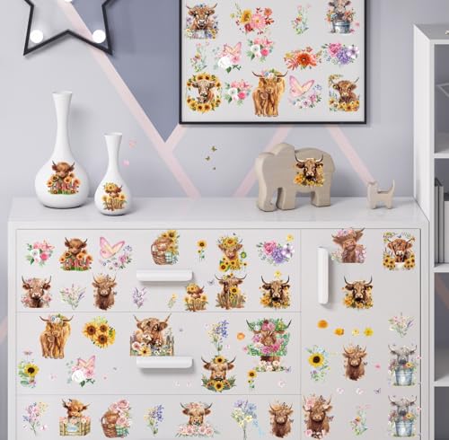 Wxiben 12 Pcs Highland Cow Floral Rub on Transfers for Crafts and Furniture - style: Highland Cow