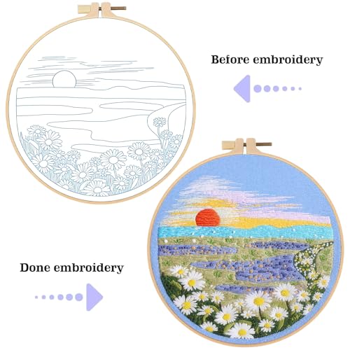 spicssa 2 PCS Embroidery Kit for Beginners, Hand Needlepoint Kits for Adults with Pre-Stamped Patterns, 7.8-Inch Hoop, Threads & Needles, Step by Step Instructions - color: Sunset