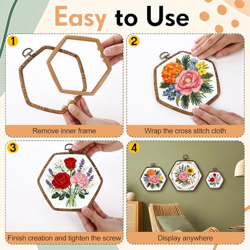 BrightRow 6 Pcs Large Embroidery Hoop Set Decorative Imitated Wood Display Frame Cross Stitch Hoop Ring for Art Craft DIY Sewing and Hanging Ornaments Decor(Hexagon,10.5+15.5+21 cm) - size: 10.5+15.5+21 cm, style: Hexagon