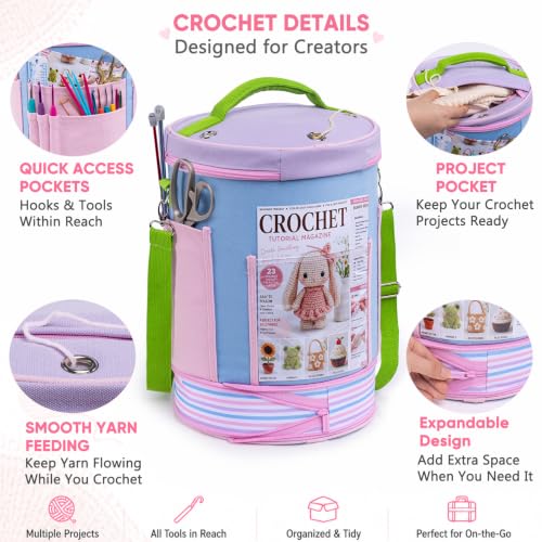 Canvas Yarn Storage Organizer with Removable Dividers, Crochet&Knitting Bag - color: Cotton Candy