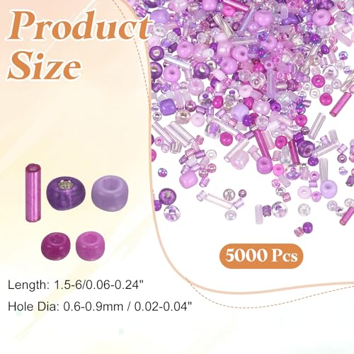 MECCANIXITY 5000 Pcs Mixed Glass Seed Beads, 1.5-6mm Mini Loose Glass Bugle Spacer Bead Embroidery Beads for DIY Craft Projects Earrings Necklaces Bracelets Jewelry Making, Purple - color: Purple