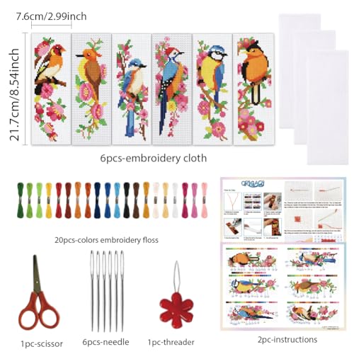 ORIGACH 6 Set Wild Bird Blossom Cross Stitch Bookmark Kit for Beginner - style: Bird & Flowers