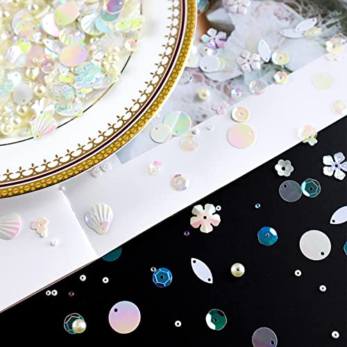 Mixed Clear White Sequins and Spangles Beads Craft Supplies, Crystal Iridescent Spangles and Pearl, Variety Sequins Beads for Crafts, Sewing, DIY Art, Embroidery