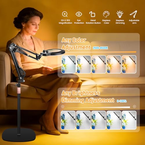 4In1 Floor Magnifying Lamp with Light, 12X 30X Glass Magnifier Black - color: Black, size: 12x 30x